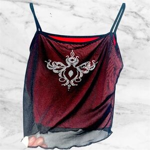 Black and Red Sheer Camisole with Rhinestone Design
